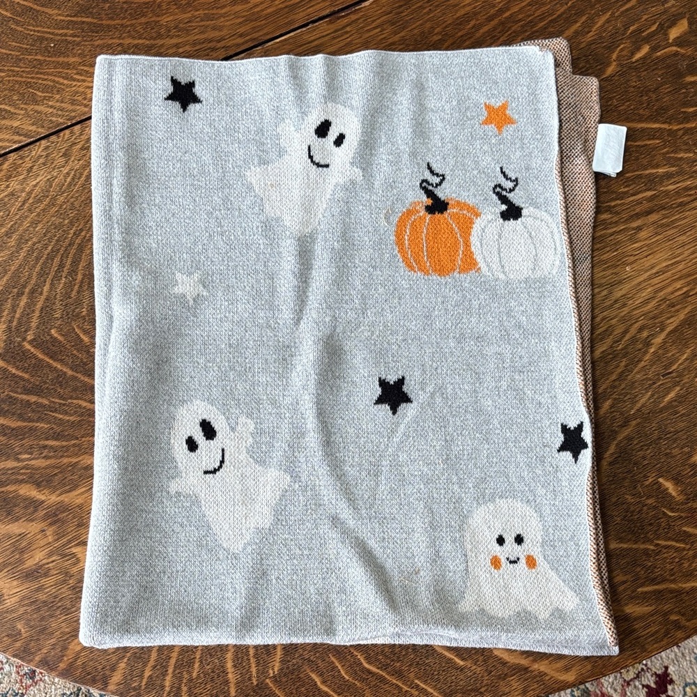 Gray Halloween Ghost and Pumpkin Blanket